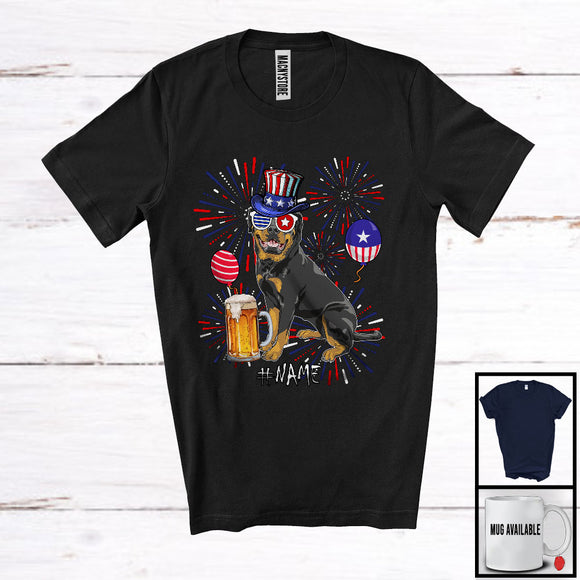 MacnyStore - Personalized Custom Name Rottweiler Drinking Beer, Lovely 4th Of July Fireworks, Patriotic T-Shirt