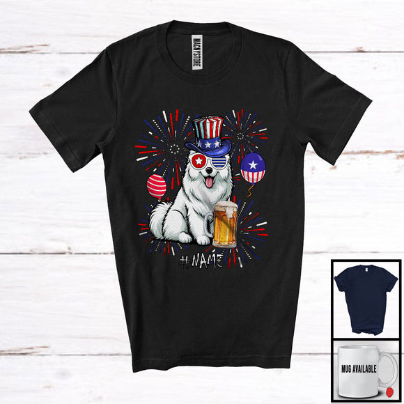MacnyStore - Personalized Custom Name Samoyed Drinking Beer, Lovely 4th Of July Fireworks, Patriotic T-Shirt