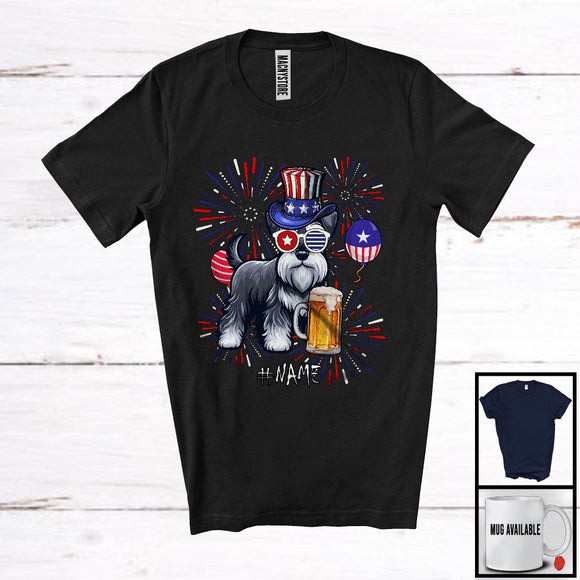 MacnyStore - Personalized Custom Name Schnauzer Drinking Beer, Lovely 4th Of July Fireworks, Patriotic T-Shirt