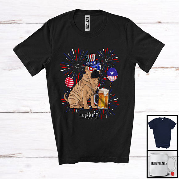 MacnyStore - Personalized Custom Name Shar Pei Drinking Beer, Lovely 4th Of July Fireworks, Patriotic T-Shirt