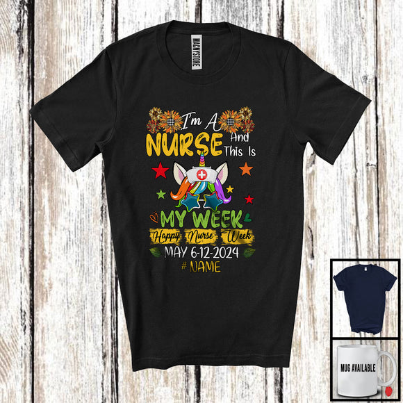 MacnyStore - Personalized I'm Nurse This Is My Week, Lovely Custom Name Nurse Week Unicorn, Sunflower T-Shirt