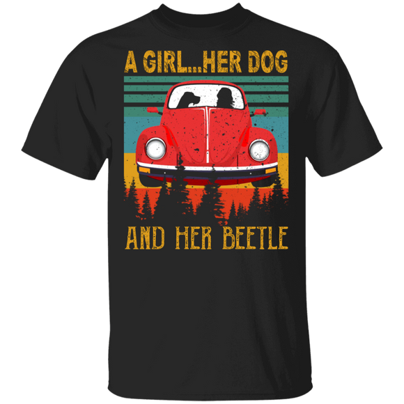 Vintage Retro A Girl Her Dog And Her Beetle Classic Car Beetle Dog Lover Gifts T-Shirt - Macnystore