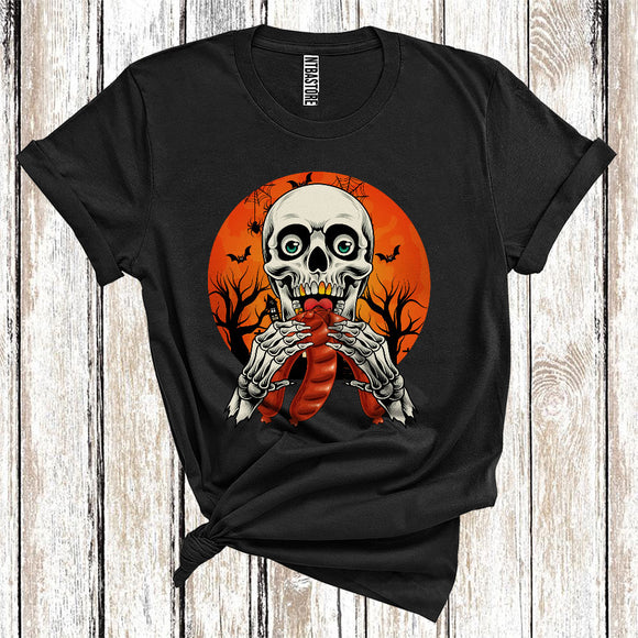 MacnyStore - Horror Skeleton Eating Sausage Cool Halloween Costume Scary Moon Foodies Lover T-Shirt