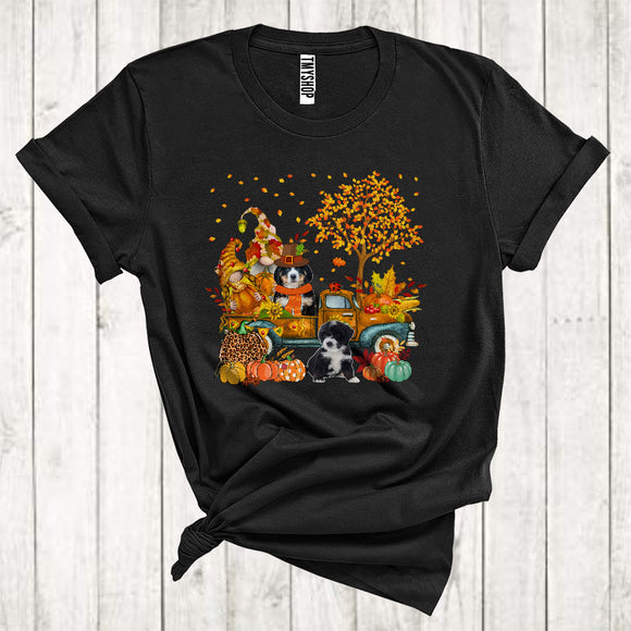 MacnyStore - Pilgrim Bernedoodle On Pickup Truck Cute Thanksgiving Fall Tree Pumpkins Lover T-Shirt