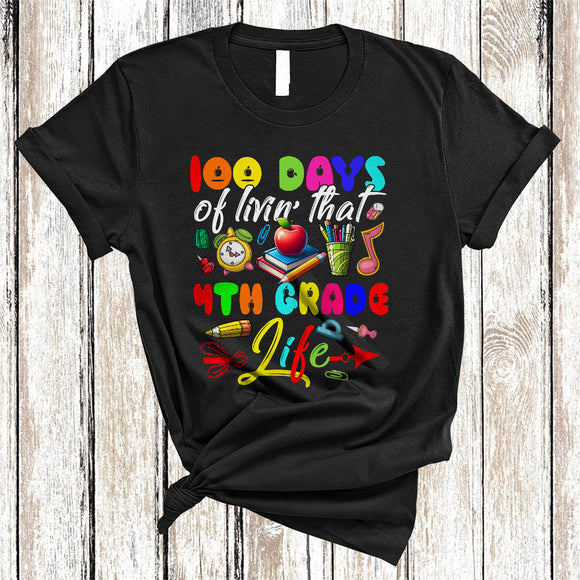 MacnyStore - 100 Days Of Livin' That 4th Grade Life, Colorful 100th Day Of School Students, Teacher Group T-Shirt