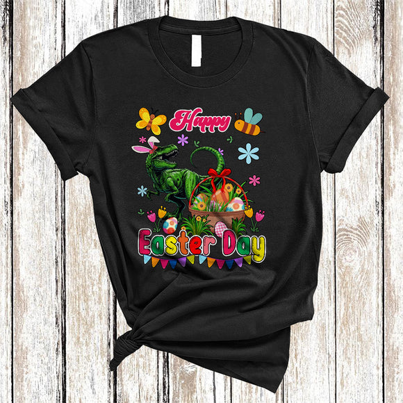 MacnyStore - Happy Easter Day, Awesome Easter Bunny T-Rex Dinosaur Hunting Eggs, Flowers Family Group T-Shirt