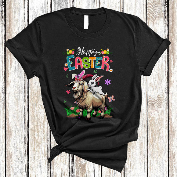 MacnyStore - Happy Easter, Joyful Easter Day Bunny Riding Goat, Floral Flowers Farmer Egg Hunt Group T-Shirt