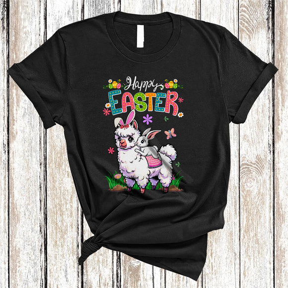 MacnyStore - Happy Easter, Joyful Easter Day Bunny Riding Llama, Floral Flowers Farmer Egg Hunt Group T-Shirt