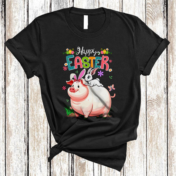 MacnyStore - Happy Easter, Joyful Easter Day Bunny Riding Pig, Floral Flowers Farmer Egg Hunt Group T-Shirt