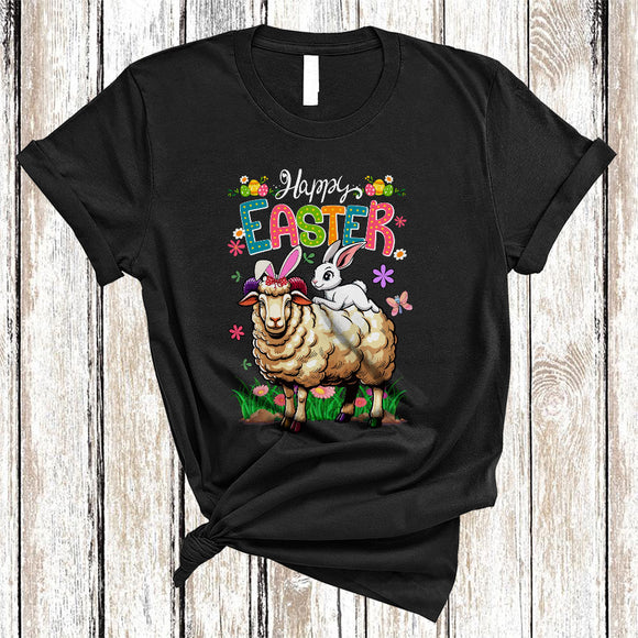 MacnyStore - Happy Easter, Joyful Easter Day Bunny Riding Sheep, Floral Flowers Farmer Egg Hunt Group T-Shirt