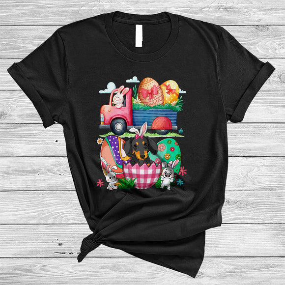 MacnyStore - Happy Easter, Lovely Easter Day Bunny Riding Pickup, Dachshund In Plaid Eggs Hunting Group T-Shirt