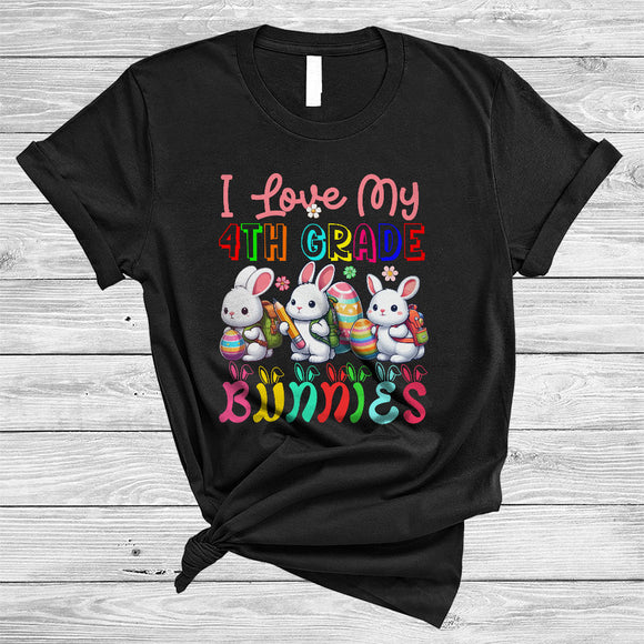 MacnyStore - I Love My 4th Grade Bunnies, Colorful Easter Day Three Bunnies Hunting Eggs, Teacher Group T-Shirt