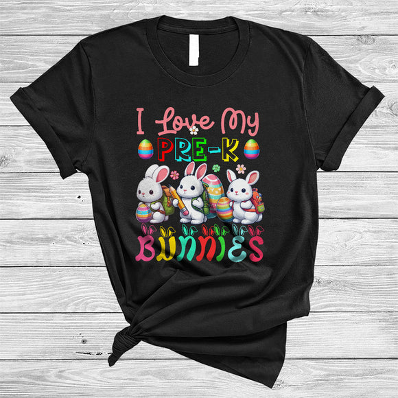 MacnyStore - I Love My Pre-K Bunnies, Colorful Easter Day Three Bunnies Hunting Eggs, Teacher Group T-Shirt