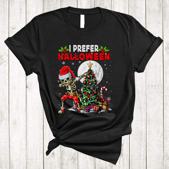 MacnyStore - I Prefer Halloween, Scary Cool Christmas Santa Skeleton Dabbing Lover, X-mas Lights Tree T-Shirt