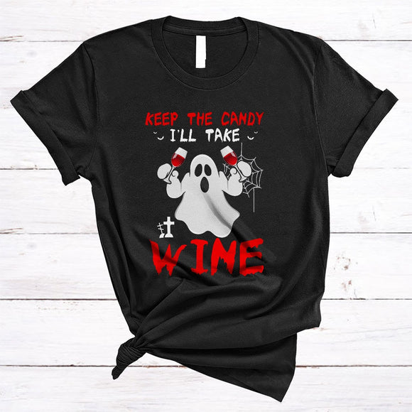 MacnyStore - Keep The Candy I'll Take Wine, Sarcastic Halloween Ghost Drinking, Drunk Wine Lover T-Shirt
