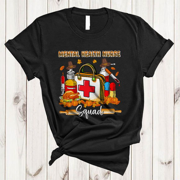 MacnyStore - Mental Health Nurse Squad, Awesome Thanksgiving Leopard Plaid Mental Health Nurse Tools, Fall Leaf Turkey T-Shirt