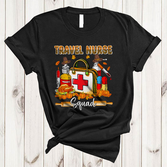 MacnyStore - Travel Nurse Squad, Awesome Thanksgiving Leopard Plaid Travel Nurse Tools, Fall Leaf Turkey T-Shirt