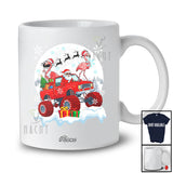 Personalized Custom Name Flamingo Santa On Monster Truck; Lovely Christmas Moon Snow Animal T-Shirt