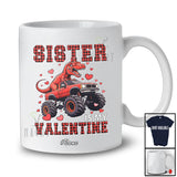 Personalized Custom Name Sister Is My Valentine; Humorous Plaid T-Rex On Monster Truck Family T-Shirt
