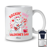 Personalized Custom Name Rockin' Into Valentine; Joyful Cat Playing Bass Guitar; Women Girls Family T-Shirt