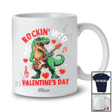 Personalized Custom Name Rockin' Into Valentine; Joyful T-Rex Playing Bass Guitar Men Boys Family T-Shirt