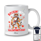 Personalized Custom Name Rockin' Into Valentine; Joyful Tiger Playing Bass Guitar Men Boys Family T-Shirt