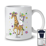 Personalized Custom Name Unicorn Riding Giraffe; Joyful Mardi Gras Giraffe Masked Beads T-Shirt
