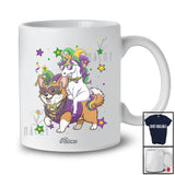 Personalized Custom Name Unicorn Riding Corgi; Joyful Mardi Gras Corgi Masked Beads T-Shirt