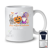 Personalized Custom Name Peace Love Halloween; Scary Skeleton Hand Sign Heart Pumpkin Gnome T-Shirt