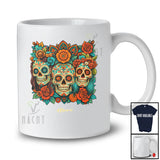 Personalized Custom Name Three Floral Skulls; Amazing Dia De Los Muertos Sugar Skull Mexican T-Shirt