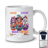 Personalized Custom Name Coffee And Scream To Focus; Creepy Halloween Three Witch Girl Skeleton T-Shirt