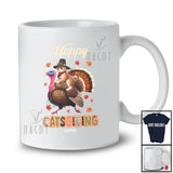 Personalized Custom Name Happy Catsgiving; Humorous Thanksgiving Pilgrim Cat Riding Turkey T-Shirt