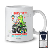 Personalized Custom Name I Survived 100 Days Of School; Lovely Dinosaur On Monster Truck Student T-Shirt