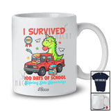 Personalized Custom Name I Survived 100 Days Of School; Lovely Dinosaur On Pickup Truck Student T-Shirt