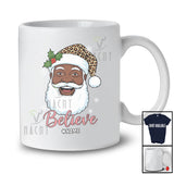 Personalized Custom Name Believe; Awesome Christmas Leopard Black Afro Santa Face; Pajama Family T-Shirt