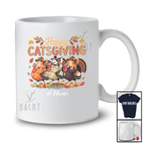 Personalized Custom Name Happy Catsgiving; Awesome Thanksgiving Three Cats Riding Turkey T-Shirt