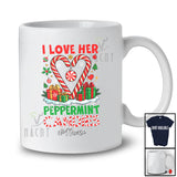 Personalized Custom Name I Love Her Peppermint Candies; Joyful Christmas Adult Couple T-Shirt