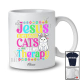 Personalized Custom Name Jesus Is My Savior Cats Are My Therapy; Joyful Easter Cross Bunny Cat Owner T-Shirt