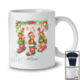 Personalized Custom Name Three Monkey In Christmas Socks; Amusing X-mas Lights Animal Lover T-Shirt