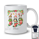 Personalized Custom Name Three Panda In Christmas Socks; Amusing X-mas Lights Animal Lover T-Shirt