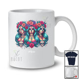 Personalized Custom Name Floral Three Sugar Skull Women; Lovely Dia De Los Muertos Mexican Family T-Shirt
