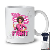 Personalized Custom Name Fight; Proud Breast Cancer Afro Women Pink Ribbon US Flag; Family T-Shirt