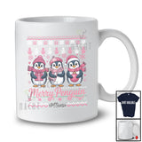 Personalized Custom Name Merry Penguin; Adorable Christmas Sweater Three Pink Santa Penguin T-Shirt