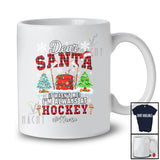Personalized Custom Name Santa It Wasn't Me; Amusing Christmas Red Plaid Hockey Player T-Shirt