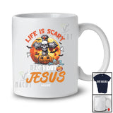 Personalized Custom Name Life Is Scary Without Jesus; Creepy Halloween Moon Fall Cross Skull T-Shirt