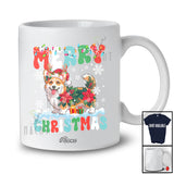Personalized Custom Name Merry Christmas; Lovely Santa Corgi Poinsettia Flowers Groovy T-Shirt