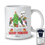 Personalized Custom Name A Merry Penguin; Lovely Christmas Three Santa Elf Penguin X-mas Tree T-Shirt