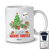 Personalized Custom Name Just A Merry Turtle; Lovely Christmas Three Santa Elf Turtle X-mas Tree T-Shirt