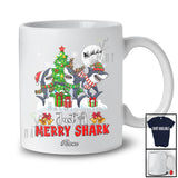 Personalized Custom Name Just A Merry Shark; Lovely Christmas Three Santa Elf Shark X-mas Tree T-Shirt