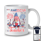 All American Teacher, Proud 4th Of July American Flag Fireworks Gnome, Teacher Patriotic T-Shirt